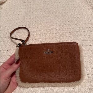 Coach Tan Leather Wristlet with Shearling Accent